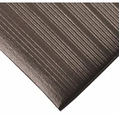 This 4 ft x 10 ft antifatigue mat is constructed from black PVC foam with a beveled edge and anti-slip backing. It is designed to reduce standing fatigue in industrial workstations, assembly lines, and machine shops.