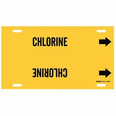 Yellow pipe marker with black legend reading 'Chlorine' and directional arrows. Strap-on type fits pipe outer diameters from 8 to 9-7/8 inches. Used to identify chlorine piping in industrial facilities such as chemical plants, refineries, and water treatment systems.