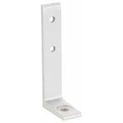 This non-adjustable floor bracket is made of anodized aluminum and designed for use with single 30 Series metric extrusion profiles. It measures 27 mm x 27 mm x 140 mm and does not include fasteners. Typical applications include securing structural framing to floors in industrial framing, machine bases, workstations, and conveyor supports.