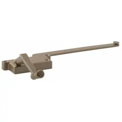 This surface-mount window operator is designed for casement windows and includes a crank handle. It features a left-hand handing orientation, a 4-inch base length, and a painted brown finish. Used to open and close the window sash smoothly.