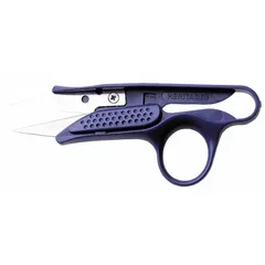 Compact scissors with straight, fine-point stainless steel blades and blue handles. Overall length 4 3/4 in. Suitable for cutting light materials such as thread, string, and thin fabrics in general maintenance and textile work.