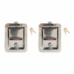 Stainless steel latch assembly in silver finish. Includes keys. Compatible with vehicle storage drawers. Used for securing storage compartments in trucks, trailers, and similar applications.