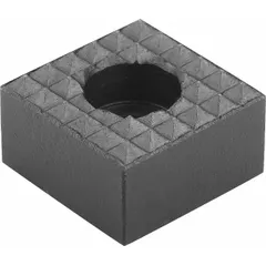 Square gripper pad with a carbide fine face for secure workpiece clamping. Black oxide finish. Face width 20 mm, overall height 12 mm. Counterbored hole enables front-mount fastening. Used in workholding and positioning applications.