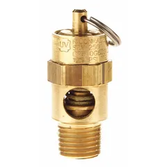 Soft seat pneumatic safety valve with brass body and silicone seal. Provides overpressure protection in compressed air systems. Features 1/4 in male NPT inlet and 1/4 in female NPT outlet.