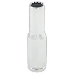 This 3/8" drive hand socket features an 11/32" SAE size with a 12-point deep design for accessing recessed fasteners. The chrome finish provides corrosion resistance. Suitable for turning fasteners in general maintenance and repair tasks.