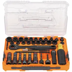 This 39-piece impact socket set includes 6-point sockets in SAE and metric sizes, with a 1/2 in drive. Designed for use with impact tools, it is suited for fastening and loosening tasks in industrial and automotive maintenance.