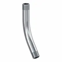 This 45° aluminum elbow is used to change the direction of rigid metal conduit (RMC) runs. It has a 1 in trade size, 9 3/32 in overall length, and NPT threads. Complies with UL 6A and ANSI C80.5 standards