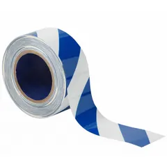 Polyester floor marking tape with blue/white striped pattern, 2 in width, 100 ft length, and 8 mil thickness. No message legend. Used for marking aisles, hazards, and work zones in industrial facilities to organize traffic and improve safety.