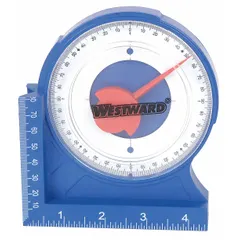 Magnetic angle locator with a 4-5/8 inch base length and 5-1/8 inch overall height. Measures angles in degrees. Used for layout and transfer of angles in machining, fabrication, and maintenance tasks. Magnetic base attaches to ferrous surfaces for hands-free operation.