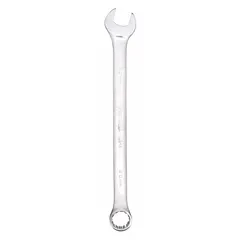This metric combination wrench features a 12-point box end and an open end, both sized for 20 mm fasteners. The chrome finish resists corrosion, and the offset design improves access in confined spaces. With an overall length of 11 1/2 inches, it is suited for tightening or loosening fasteners in assembly, maintenance, and repair tasks.