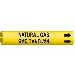 Yellow snap-on pipe marker with black 'Natural Gas' legend and directional arrows. Fits pipe outer diameters from 2-1/2 to 3-7/8 inches. Used to identify natural gas lines in piping systems, aiding in safety and compliance.