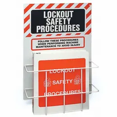 Wall-mount binder for organizing safety documents. Overall dimensions: 20 in height, 14 in width, 4 1/2 in depth. Includes mounting hardware for wall installation. Suitable for storing safety data sheets, permits, or other reference materials in industrial settings.
