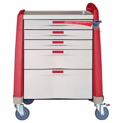 This polymer medical supply cart features five drawers and a red cabinet. It is equipped with one swivel caster with brake and three swivel casters for mobility and secure positioning. Suitable for organizing and transporting medical supplies in healthcare environments.