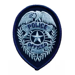 Sew-on embroidered badge measuring 2 3/4 in x 3 3/4 in, constructed of plastic in Gold/Navy. Designed for uniform identification on law enforcement apparel such as jackets, shirts, or vests.
