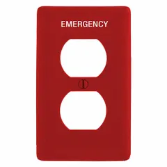 This 1-gang midsize wall plate is designed for duplex outlet configurations. Constructed of red nylon, it provides impact resistance and color visibility for identification. Suitable for covering and protecting electrical receptacles in commercial or industrial environments.