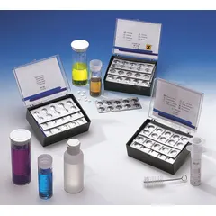 This test kit measures calcium hardness in water over a range of 20 to 800 mg/L with a sensitivity of 20 mg/L. It includes a sample bottle and provides 30 tests per kit. Used for monitoring water hardness in applications such as boiler feedwater and cooling towers to help prevent scale formation.