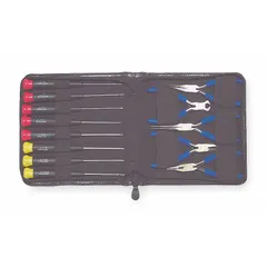 This 13-piece electronics tool set includes five slotted screwdrivers and one pair of diagonal-cutting pliers, all stored in a tool case. Suitable for precision assembly, repair, and maintenance tasks on electronic devices and small components.