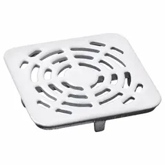 Cast iron grid for floor sinks with a drop-in connection and full grate opening featuring square holes. Measures 14 inches wide by 9 inches high. Unfinished silver finish. Suitable for industrial drainage applications where debris capture and water flow are required.