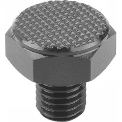 This positioning foot features a serrated steel face for slip resistance and secure positioning. It has an external M10 thread and is made entirely of steel. Typical applications include leveling and alignment of machinery, fixtures, and workstations.