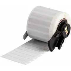 Precut label roll measuring 1 1/2 in by 1/4 in, made of polyimide with a permanent adhesive. Designed for use with the M611 printer series. Suitable for industrial labeling applications requiring heat and chemical resistance, such as circuit board identification and asset tracking.