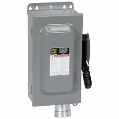 This SQUARE D fusible safety switch is rated 60 A, three-phase, 600V AC, with galvanized steel construction for indoor use. It provides a means of disconnecting electrical power for maintenance or emergency shutdown in industrial settings. Compatible with Hubbellock plug series.