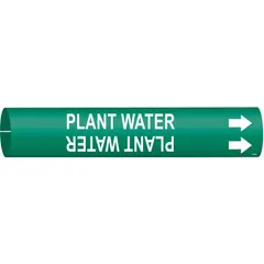 Green snap-on pipe marker with white legend 'Plant Water' and directional arrows. Fits pipe outer diameters from 3/4 to 1-3/8 inches. Used to identify plant water lines and indicate flow direction in industrial piping systems.