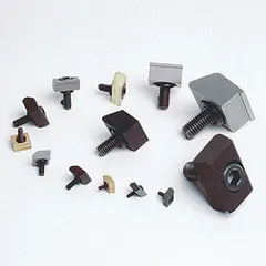 Knife-edge low-profile fixture clamp made of steel with a knife face design. Uses an M6 bolt for clamping. Sold in a 6-pack. Used in machining and workholding to secure workpieces with minimal interference, suitable for milling, drilling, and grinding operations.