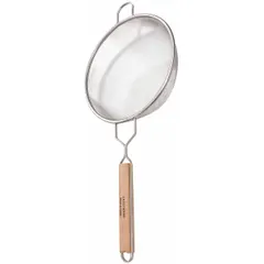 This wire mesh strainer is made of stainless steel with a fine single mesh for straining fine solids from liquids. It has a 23 1/2 in overall length and a wood handle. Suitable for filtering stocks, sauces, batters, and other liquids in commercial kitchens and food processing.