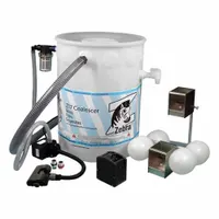Tank-side oil coalescer designed to separate free oil from water in a 15 gal tank. Operates at a flow rate of 1 gpm. Used in industrial fluid management for coolant recycling and wastewater treatment