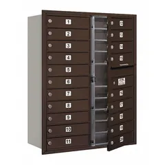 Horizontal multi-unit mailbox with 20 lockable front doors, designed for recessed mounting. Dimensions: 41 3/8 in H x 31 1/8 in W x 16 1/2 in D. Suitable for centralized mail distribution in apartment buildings, offices, or institutional facilities.