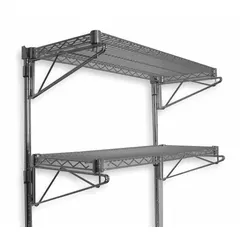 This steel wire wall-mount shelving unit features two shelves, each with a 125 lb load capacity. The chrome finish resists corrosion, and the direct mounting mechanism allows secure wall installation. Height is adjustable to accommodate various storage needs in workshops, warehouses, and garages.