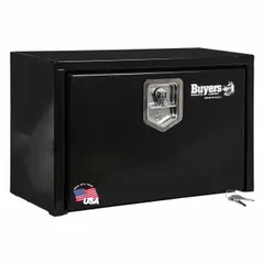Single drop-down door box for underbody truck storage. Black finish with keyed lock. Overall depth of 10 inches. Suitable for securing tools and equipment in vehicle compartments.
