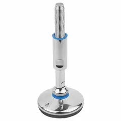 Hygienic male leveling mount with swiveling stud, M16 thread, 120 mm length, 30 kN load capacity, polished finish, and round base. Used for precise height adjustment and leveling of industrial machinery, conveyors, and equipment in environments requiring cleanability and corrosion resistance.