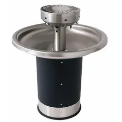 This ACORN sensor-operated wash fountain features a circular stainless steel bowl in a Black/Silver finish with a P-Trap drain. It is designed for high-traffic commercial restrooms, schools, and industrial facilities, supporting multiple simultaneous users. The overall width is 38 1/4 inches. Not ADA compliant.