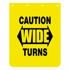 Yellow polymer mud flaps for rear truck wheel positions. Each flap measures 30 inches high, 24 inches wide, and 11/64 inches thick. Sold as a pair to reduce spray and debris thrown from tires.