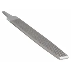 Double-cut square file with bastard cut and safe edge. Measures 1 inch wide and 9-13/16 inches long without tang. Used for material removal, shaping, and deburring in metalworking. Square profile suits internal corners and keyways; safe edge protects adjacent surfaces.