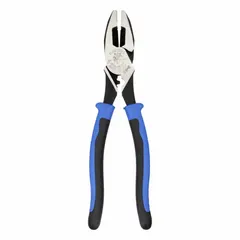 Multipurpose lineman's pliers with a flat jaw design, 9 1/2 in overall length, 1 5/8 in jaw length, 1 1/4 in jaw width, and 1 5/8 in jaw thickness. Features a built-in wire crimper and ergonomic handle. Used for gripping, twisting, cutting wire, pulling wire, and crimping connectors in electrical and industrial maintenance.
