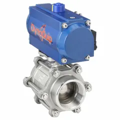 This pneumatically-actuated two-way ball valve is constructed with a stainless steel body and features FNPT x FNPT connections. It is operated by a pneumatic actuator with a 115V AC pilot solenoid, enabling remote on/off flow control in automated industrial piping systems.