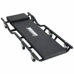 This standard-duty creeper features a steel frame with a padded headrest for comfort during under-vehicle work. With a 250 lb max load capacity and 4-1/8 in height, it is suitable for automotive maintenance tasks such as oil changes, brake repairs, and undercarriage inspections.