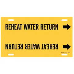 Yellow strap-on pipe marker with black legend reading 'Reheat Water Return' and directional arrows. Designed for pipe outer diameters of 8 to 9-7/8 inches. Used to identify reheat water return lines in HVAC and industrial piping systems for clear labeling and safety compliance.