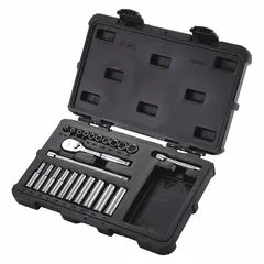 This 23-piece SAE socket set includes 12-point standard sockets ranging from 5/32 in to 1/2 in with a 1/4 in drive. The set contains drive tools for tightening and loosening fasteners in automotive repair, machinery maintenance, and general assembly tasks.