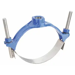 Single-strap service saddle for creating branch connections on water mains. Fits 8 in nominal pipe with 3/4 in CC outlet. Constructed with stainless steel strap, bolts, and nut; NBR gasket. Rated for 200 psi maximum operating pressure.