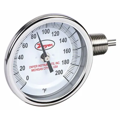 Dwyer Dial Thermometer: 0°F to 200°F, ±2%Full Scale Accuracy, 4 in Stem Lg - Side- & Bottom-Mount Fixed-Angle Thread-Mount Dial Thermometers