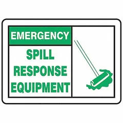 This adhesive sign is used to mark emergency spill response equipment in industrial facilities. The vinyl sign measures 3 1/2 inches by 5 inches with a thickness of 0.02 inches. It is not retroreflective or glow-in-the-dark. Supplied in a pack of 5 for convenient placement on tanks, cabinets, or walls.