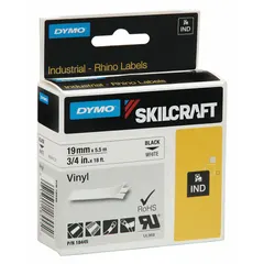 This SKILCRAFT cartridge produces 3/4 in x 5 ft continuous white vinyl labels via thermal transfer. The combined label and ribbon design simplifies installation and changeover. Vinyl material resists chemicals and abrasion, suitable for industrial asset tagging, cable marking, and panel identification.