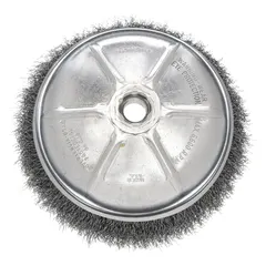 This light-cleaning brush from WEILER features crimped steel wire bristles with a 0.014 in fill diameter and a 3 in diameter. It connects via a 3/8"-24 arbor hole. Suitable for surface preparation, deburring, and removing rust, paint, or light weld scale on carbon steel.