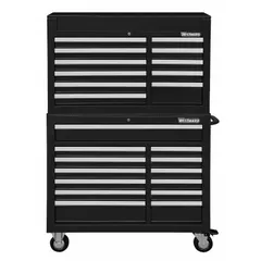 This heavy-duty top chest and rolling cabinet combo features 24 drawers with ball-bearing slides for smooth operation. The keyed locking system secures tools and parts, while the black powder-coated finish resists wear. Suitable for workshops, maintenance facilities, and manufacturing environments requiring organized storage of hand tools, power tools, and small components.