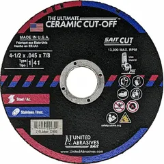 This Type 1 cut-off wheel is designed for cutting carbon and stainless steel. The 60 grit ceramic construction provides cool cutting action with reduced heat buildup. Typical applications include fabrication, maintenance, and general metalworking.