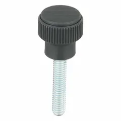 This knurled knob features a plastic body with a steel threaded stud for manual clamping, positioning, and adjustment on machinery and fixtures. The knurled surface provides a secure grip, while the steel thread ensures reliable fastening. Suitable for jigs, workholding, and assembly equipment.