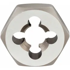 This self-aligning hex rethreading die is made of carbon steel and features a hex width of 1 13/16 in. It is designed to rethread damaged external threads on bolts, studs, or rods, with a 7/8"-9 UNC thread size. The self-aligning design helps start threads straight, reducing cross-threading risk. Commonly used in maintenance, repair, and fabrication applications.